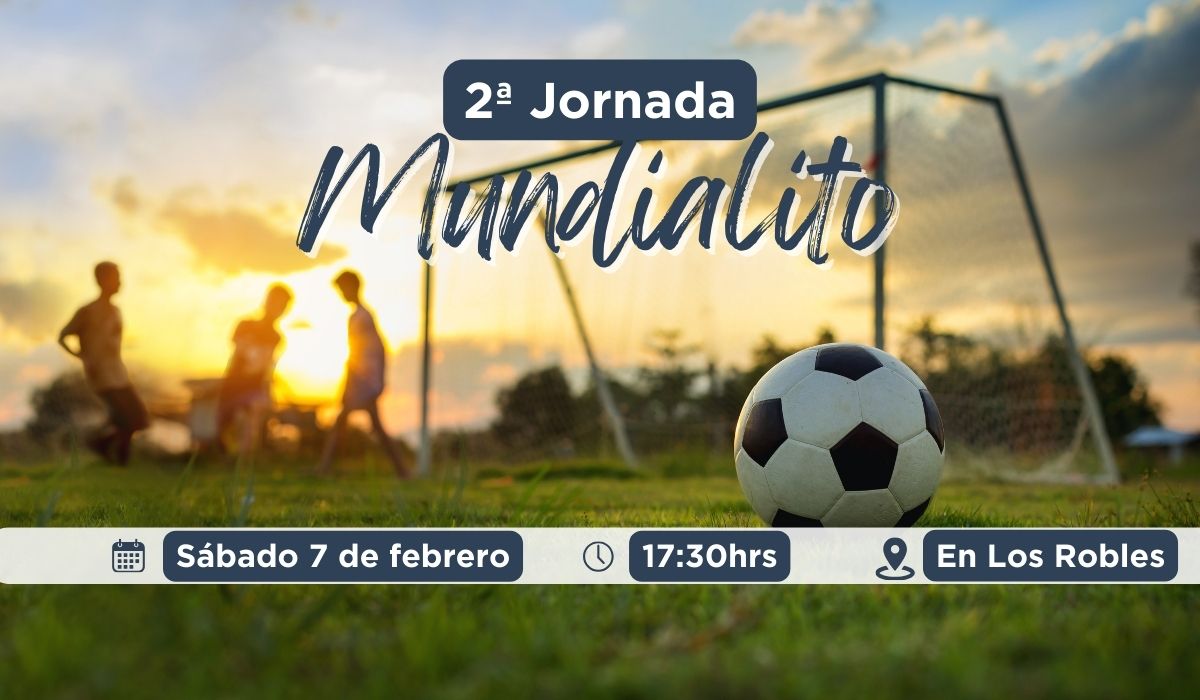 Mundialito 3x3 - Peñavera Balón de fútbol en primer plano sobre un campo con portería y niños jugando al fondo al atardecer. Cartel del Club Peñavera anunciando la Supercopa 3x3 para alumnos de 4º, 5º y 6º de primaria, sábado 7 de febrero a las 17:30 en Peñavera
